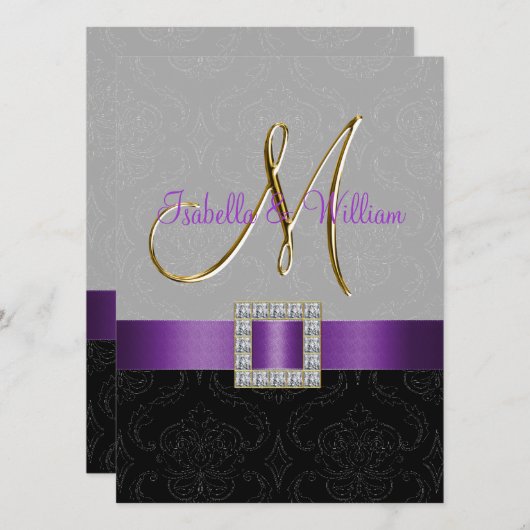 Paars Black Grey Damask Initiaal Wedding Invite Kaart (Voorkant / Achterkant)