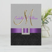 Paars Black Grey Damask Initiaal Wedding Invite Kaart (Staand voorkant)