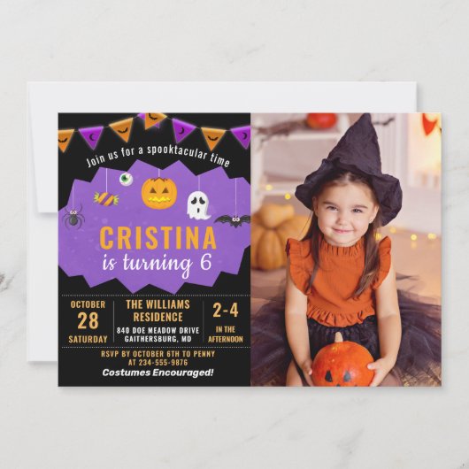 Paars Black Halloween Spooktacular Birthday Foto Kaart (Voorkant)