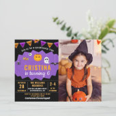 Paars Black Halloween Spooktacular Birthday Foto Kaart (Staand voorkant)