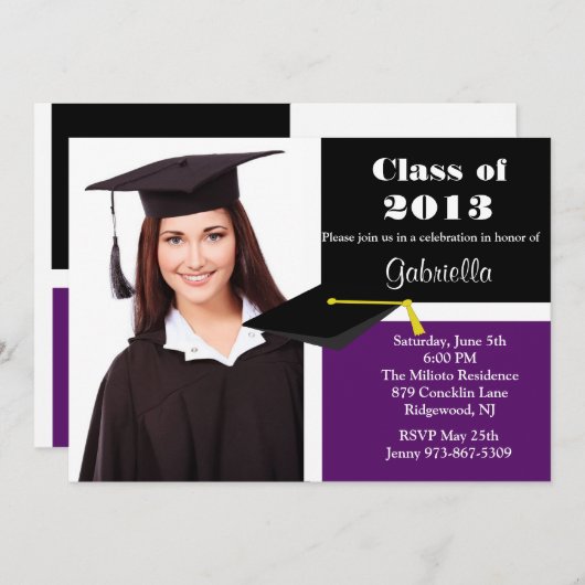 Paars & Black Photo Afstuderen Uitnodiging (Voorkant / Achterkant)