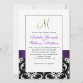 Paars Black White Damask Initiaal Wedding Invite Kaart (Achterkant)