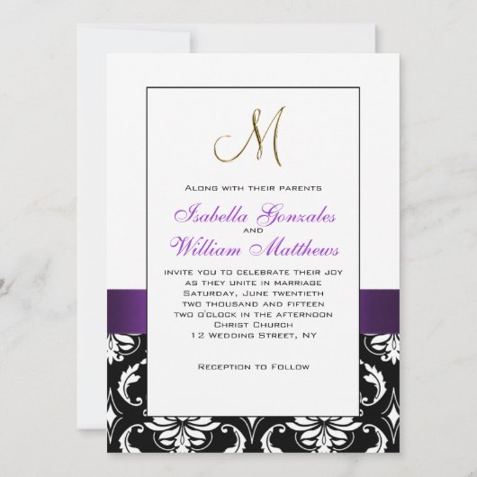 Paars Black White Damask Initiaal Wedding Invite Kaart (Achterkant)