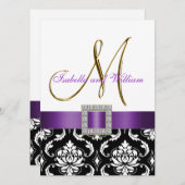 Paars Black White Damask Initiaal Wedding Invite Kaart (Voorkant / Achterkant)