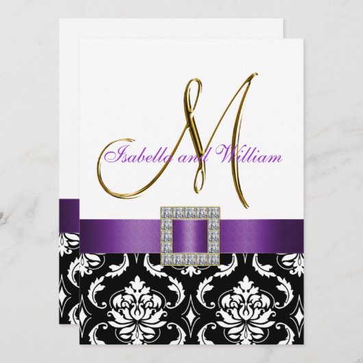 Paars Black White Damask Initiaal Wedding Invite Kaart (Voorkant / Achterkant)