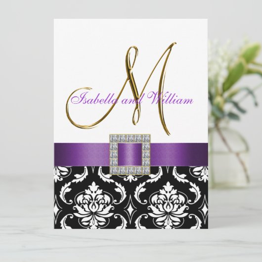 Paars Black White Damask Initiaal Wedding Invite Kaart (Staand voorkant)