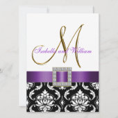 Paars Black White Damask Initiaal Wedding Invite Kaart (Voorkant)