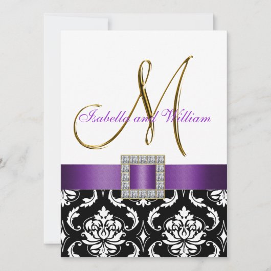 Paars Black White Damask Initiaal Wedding Invite Kaart (Voorkant)