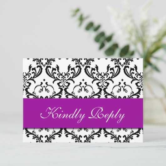 Paars Black White Damask Wedding RSVP (Staand voorkant)