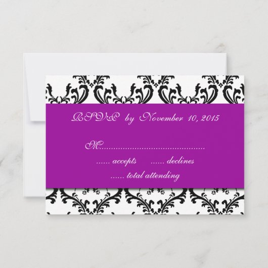 Paars Black White Damask Wedding RSVP (Achterkant)