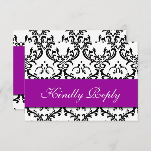 Paars Black White Damask Wedding RSVP (Voorkant / Achterkant)