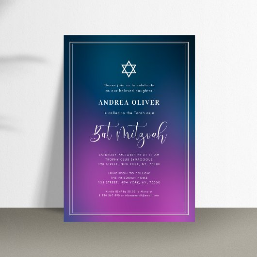 Paars Blau Gradient & Frame Bat Mitzvah Feest Kaart