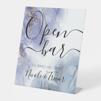 Paars & Blauw Alcohol Ink Bruiloft Open Bar Reclamebord Met Voetstuk