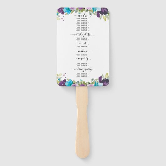 Paars Blauw Aquarel Bloemachtig Trouwprogramma Han Handwaaier (Achterkant)