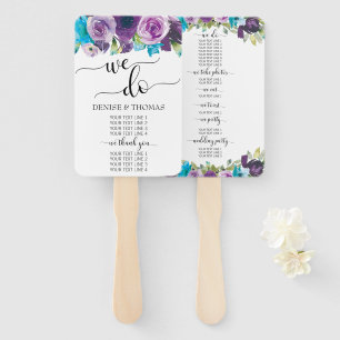 Paars Blauw Aquarel Bloemen Bruiloftsprogramma Han Handwaaier