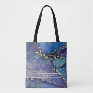 Paars blauw Blauwgroen en goudvloeibaar kunstmonog Tote Bag