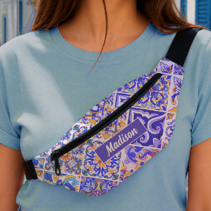 Paars Blauw Bloemmotief Majolica Siciliaans Tegelp Heuptasje