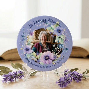 Paars Blauw Bloemstuk Herdenkings Foto Ronde Button 7,6 Cm