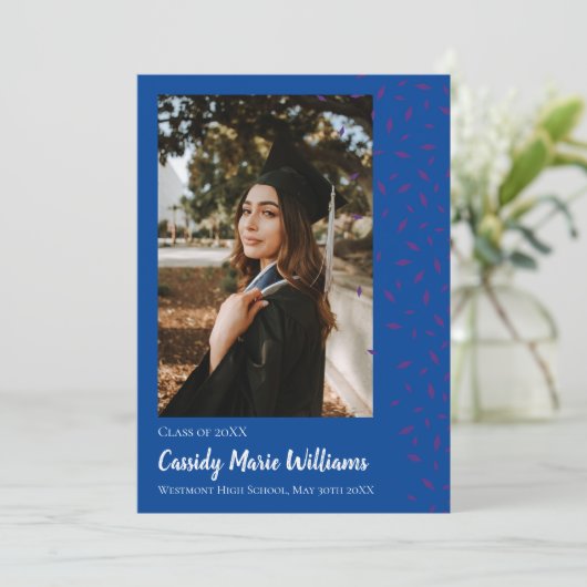 Paars Blauw Confetti Afstudeer Uitnodiging (Staand voorkant)