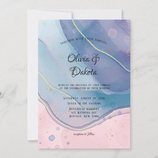 Paars blauw en Blush roze alcohol inkt bruiloft Kaart (Voorkant)