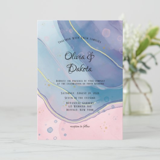 Paars blauw en Blush roze alcohol inkt bruiloft Kaart (Staand voorkant)