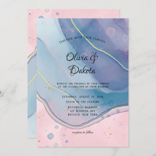 Paars blauw en Blush roze alcohol inkt bruiloft Kaart (Voorkant / Achterkant)