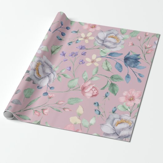 Paars Blauw en Geel Bloemmotief Purper Cadeaupapier (Uitgerold)