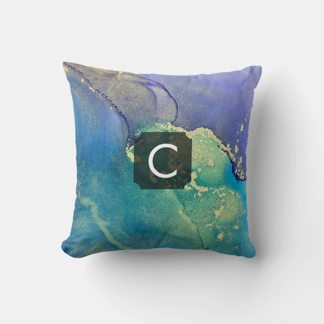 Paars Blauw en Goud Abstract Kunst Monogram Kussen (Voorkant)