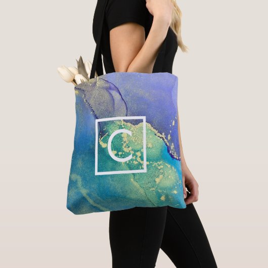 Paars blauw en gouden Abstracte tekenmonogram Tote Bag (Dichtbij)
