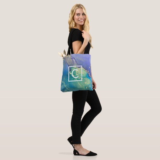 Paars blauw en gouden Abstracte tekenmonogram Tote Bag (Op model)