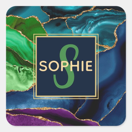 Paars, blauw en groen Faux Gold Glitter Agate Vierkante Sticker (Voorkant)