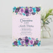 Paars Blauw Floral Glitter Quinceañera Kaart (Staand voorkant)