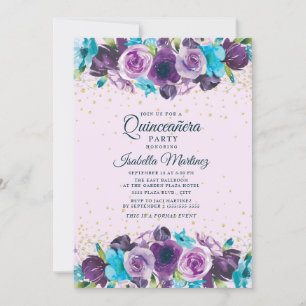 Paars Blauw Floral Glitter Quinceañera Kaart