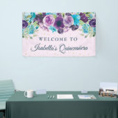 Paars Blauw Floral Glitter Quinceañera Spandoek (Beurs)