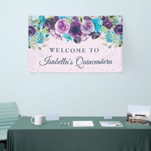 Paars Blauw Floral Glitter Quinceañera Spandoek (Beurs)