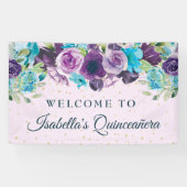 Paars Blauw Floral Glitter Quinceañera Spandoek (Horizontaal)