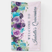 Paars Blauw Floral Glitter Quinceañera Spandoek (Verticaal)