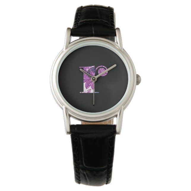 Paars blauw Floral Monogram R Watch Horloge (Voorkant)