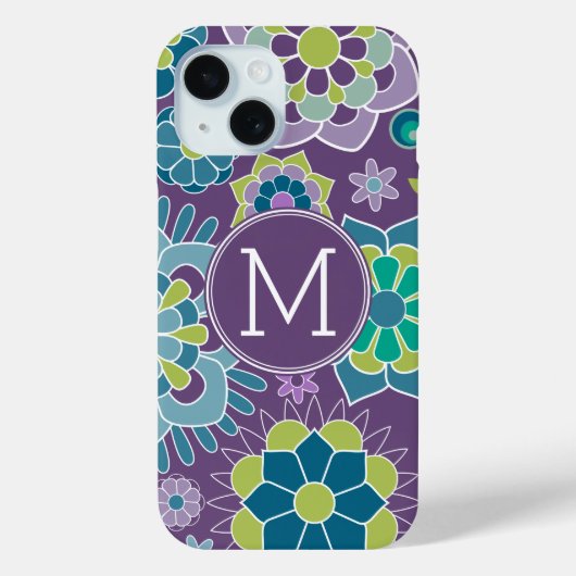 Paars blauw Floral Patroon Aangepast Monogram Case-Mate iPhone Case (Achterkant)