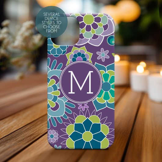 Paars blauw Floral Patroon Aangepast Monogram Case-Mate iPhone Case