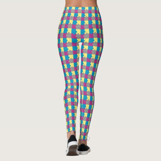 Paars blauw Geel Geel Grijs Puzzle Patroon Leggings (Achterkant)