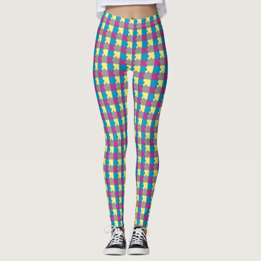 Paars blauw Geel Geel Grijs Puzzle Patroon Leggings (Voorkant)