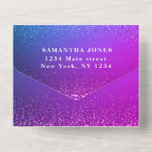 Paars blauw glitter Sparkle Modern Sweet 16 All In One Uitnodiging (Achterkant)