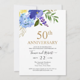 Paars Blauw Goud 50ste Huwelijks Uitnodiging
