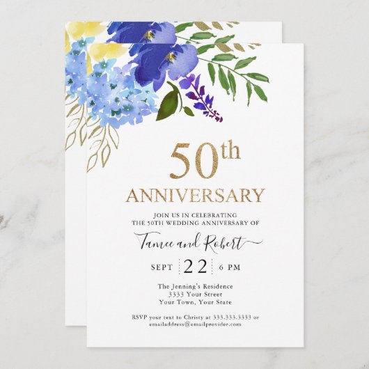 Paars Blauw Goud 50ste Huwelijks Uitnodiging (Voorkant / Achterkant)