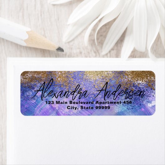 Paars blauw goudglitter artistiek modern glam etiket (Insitu)