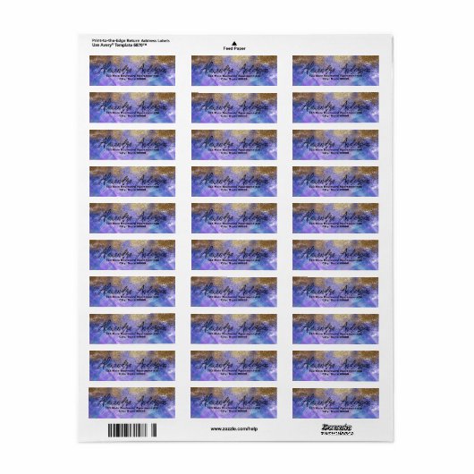 Paars blauw goudglitter artistiek modern glam etiket (Full Sheet)
