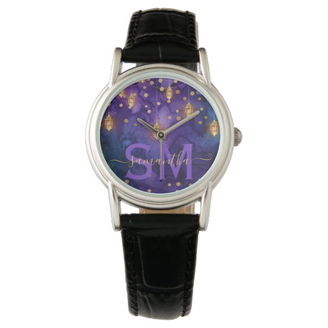 Paars & Blauw Lantaarn Gloei Monogram Horloge (Voorkant)