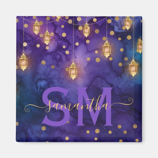 Paars & Blauw Lantaarn Glow Monogram Magneet (Voorkant)