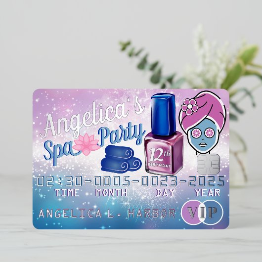 Paars & Blauw Meisjes VIP Creditcard Spa Feestje Folie Uitnodiging (Staand Voorkant)